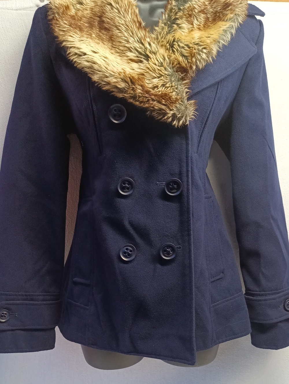 Women's Navy Double-Breasted Coat with Faux Fur Collar